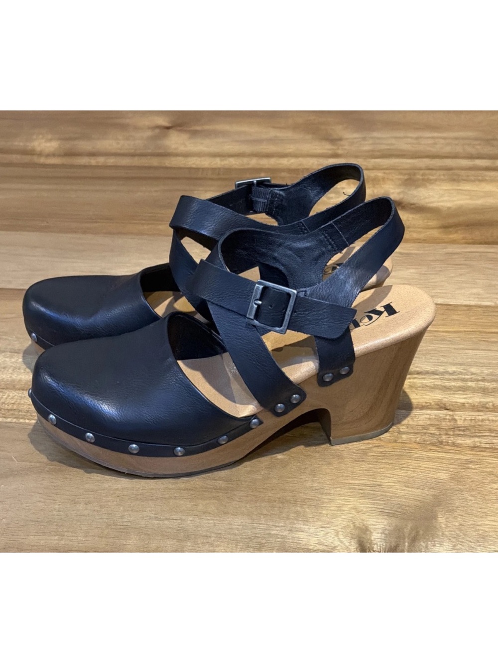 KORKS | Black Leather Clogs Abloom Strappy Platform Slingback Wood Size 9